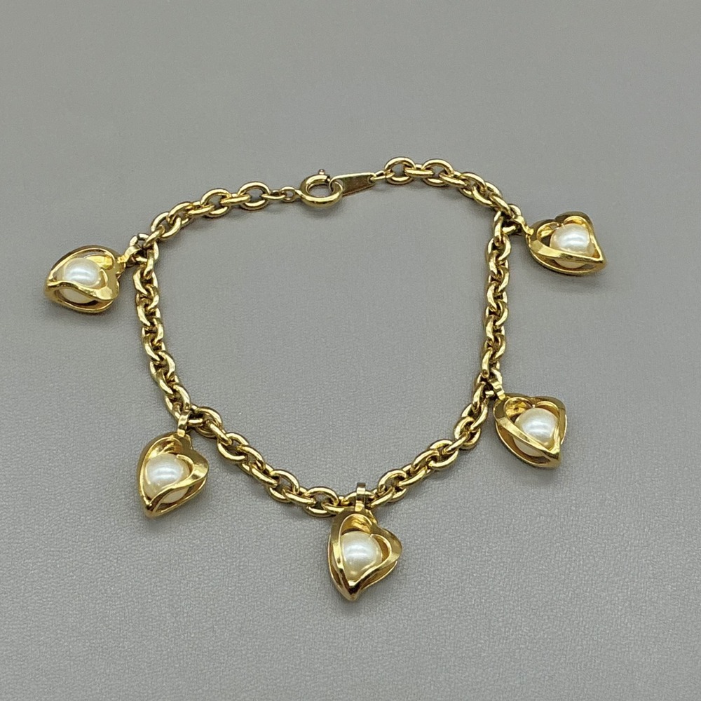 Bracelet Women Gold Tone Heart Charm Faux Pearl Vintage Jewelry 7.5 Inches‎